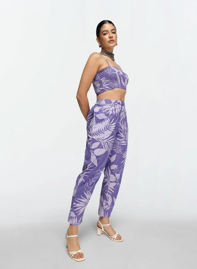 ISHIN Women's Lilac Cotton Printed Shrug Upper Calf Length Pleat Front Bottom Straight Fit Co-Ords Set