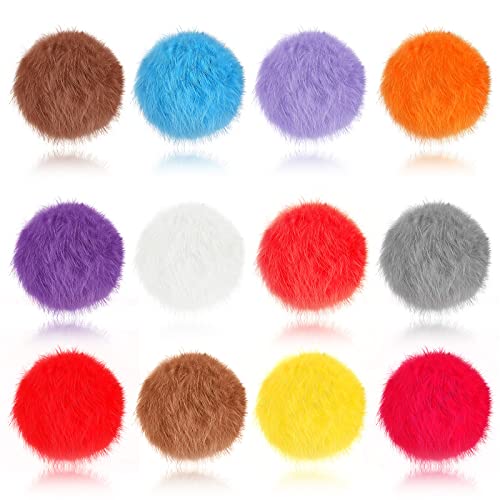 LEIFIDE 12 Pieces Real Rabbit Fur Pom Pom Kitty Cat Toy Fluffy Cat Balls Soft Fuzzy Balls for Kitty Pets Kitten Chase Quiet Play 3 Inches in DiameterBright Color - Image 1