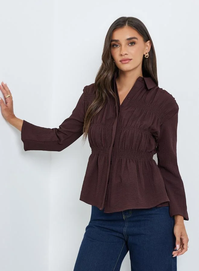 Styli Women Brown Textured Smocked Peplum Shirt