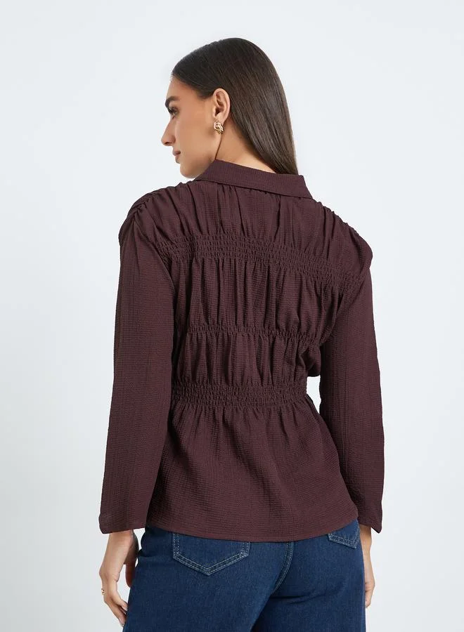 Styli  Women Brown Textured Smocked Peplum Shirt for Women | Best Price UAE