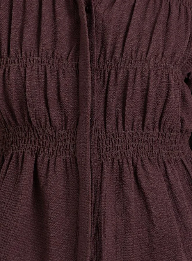 Styli Women Brown Textured Smocked Peplum Shirt