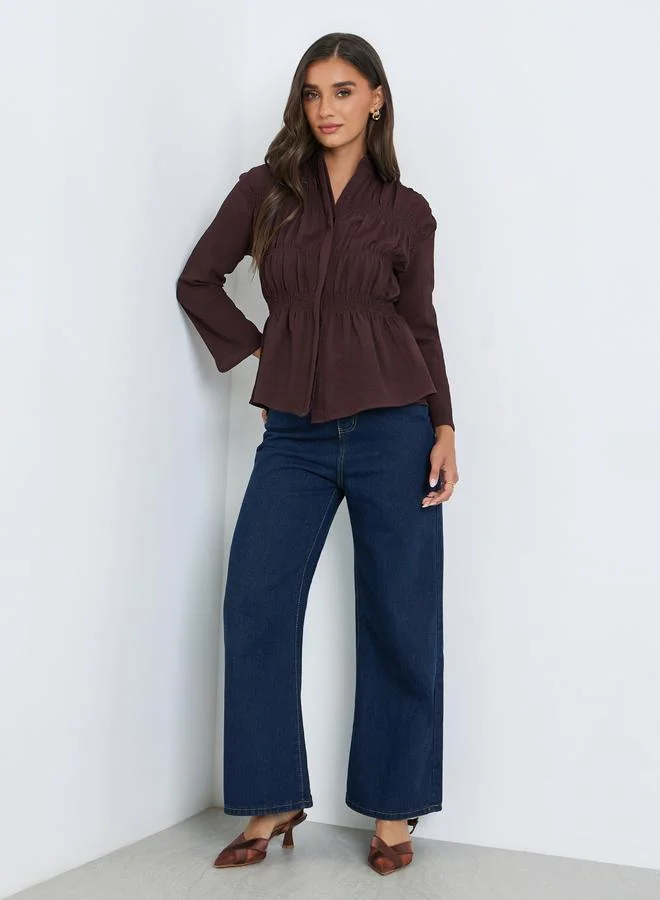 Styli  Women Brown Textured Smocked Peplum Shirt for Women | Best Price UAE