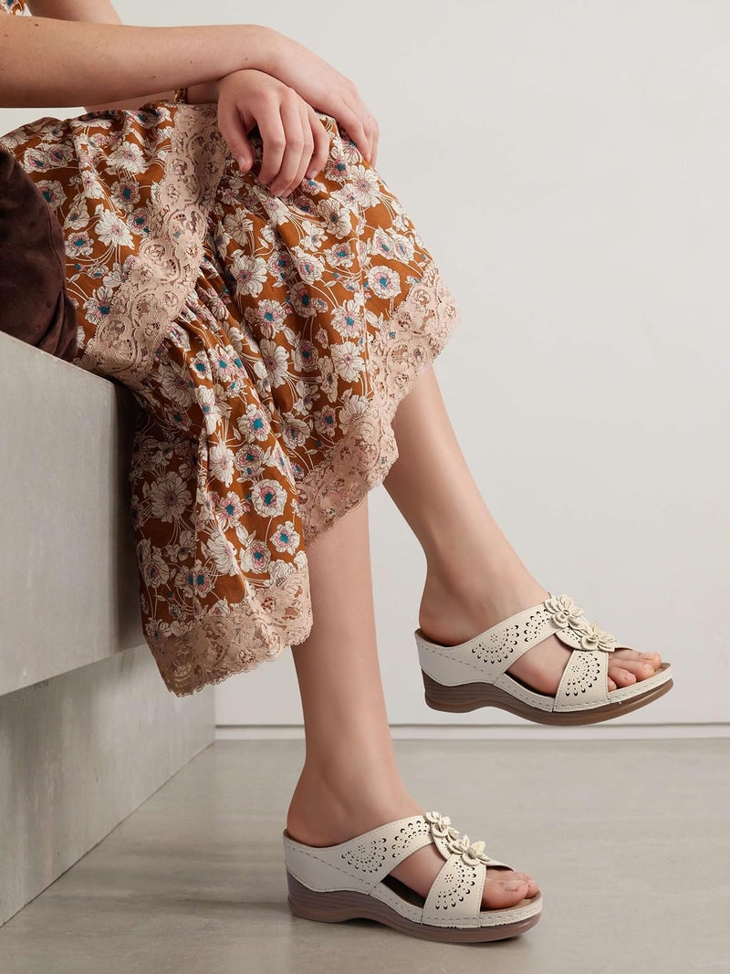 TEMOFON Womens Wedge Sandals Leather: Casual Dressy Women Beige Summer Platform Wedge Sandals Slip on Low Heels Comfortable Walking Size 7 - Image 2