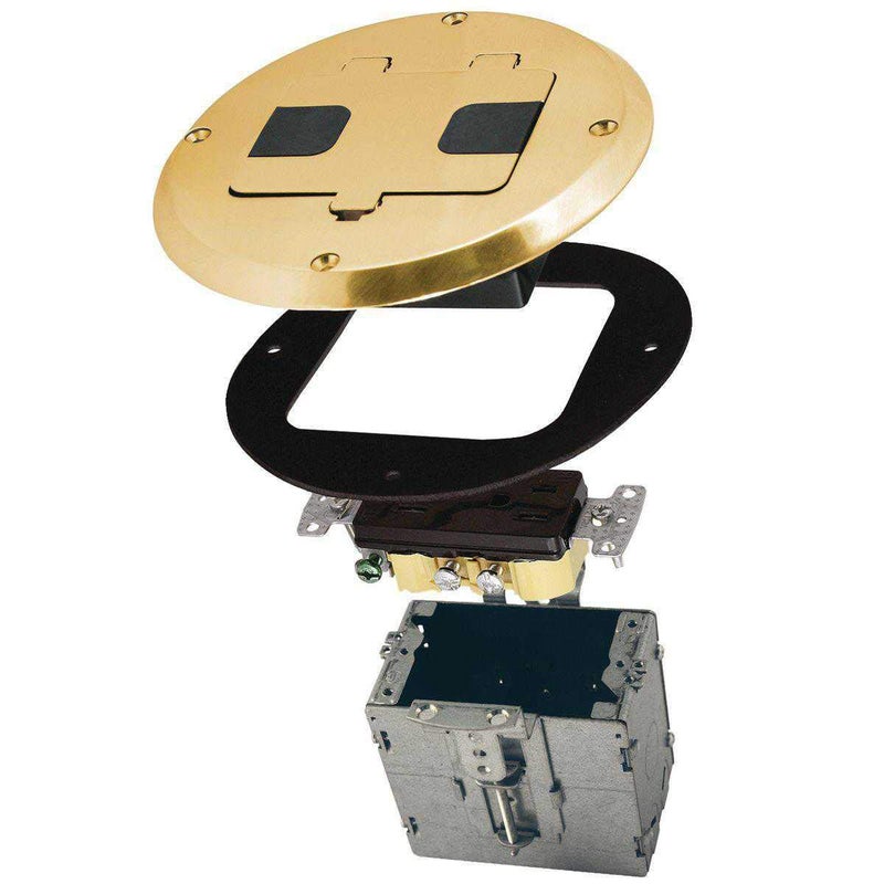 RACO RACO 6239BP Floor Kit with Recessed Duplex 15A TR Device and Adjustable Steel Box, 1-Gang, Brass  - Image 1