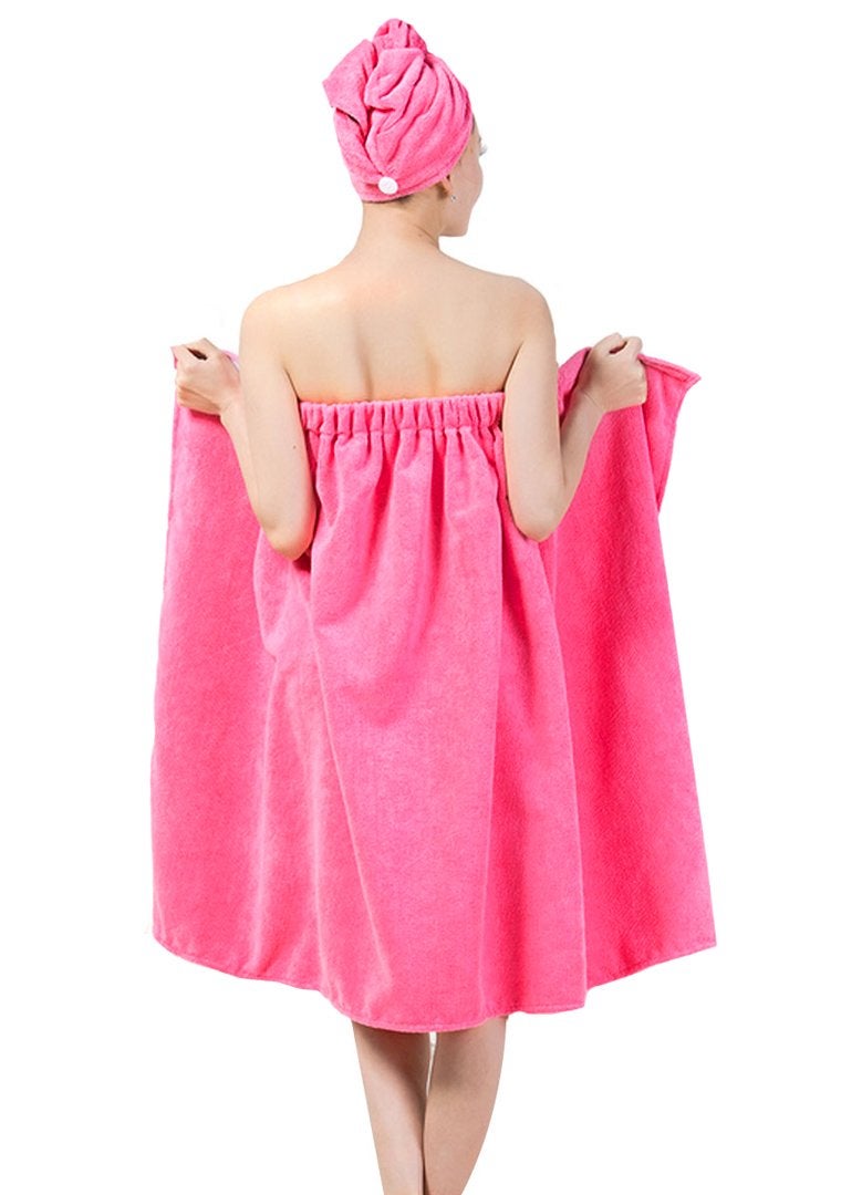 Queena Women Microfiber Bath Towel Wrap Hair Turban Adjustable Spa Shower Cover UpPink