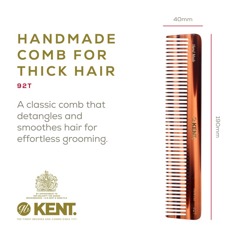 Kent 92T Tortoise Wide Tooth Detangler Combs for Men and Women, Hair Comb for Curly and Wavy Hair and Wet or Dry, Large Wide Tooth Dressing Comb, Handmade, Saw-Cut, Hand polished, Made in England - Image 2