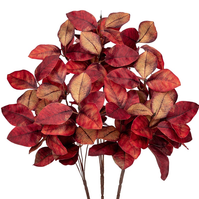 Briful 3 PCS Fall Leaves Artificial Magnolia Leaf Bush 15 Autumn Fake Greenery Picks for Vase Floral Arrangement Kitchen Table Home Fall Decoration