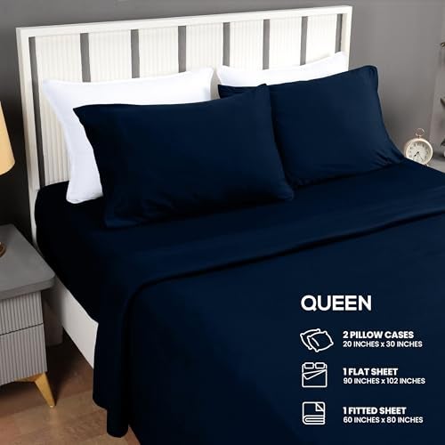 Utopia Bedding Queen Sheet Set - Jersey Knit Sheets 4 Piece – Cotton – Soft T-Shirt Stretchy Sheets (Queen, Navy) - Image 2