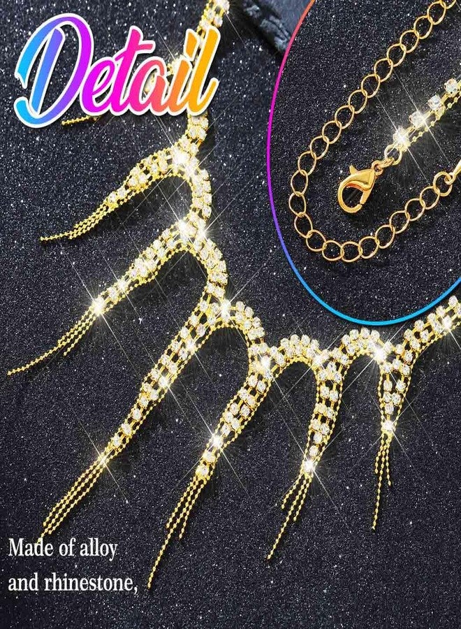 Nicute Rhinestone Necklace Earrings Set Crystal Sparkly Necklaces for Prom Bridal Wedding Jewelry Sets (Gold) - Image 3