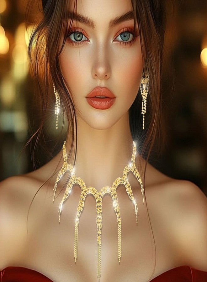 Nicute Rhinestone Necklace Earrings Set Crystal Sparkly Necklaces for Prom Bridal Wedding Jewelry Sets (Gold) - Image 2