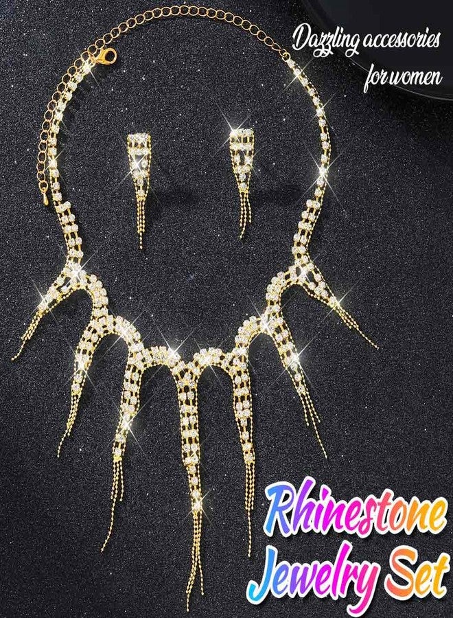 Nicute Rhinestone Necklace Earrings Set Crystal Sparkly Necklaces for Prom Bridal Wedding Jewelry Sets (Gold) - Image 5