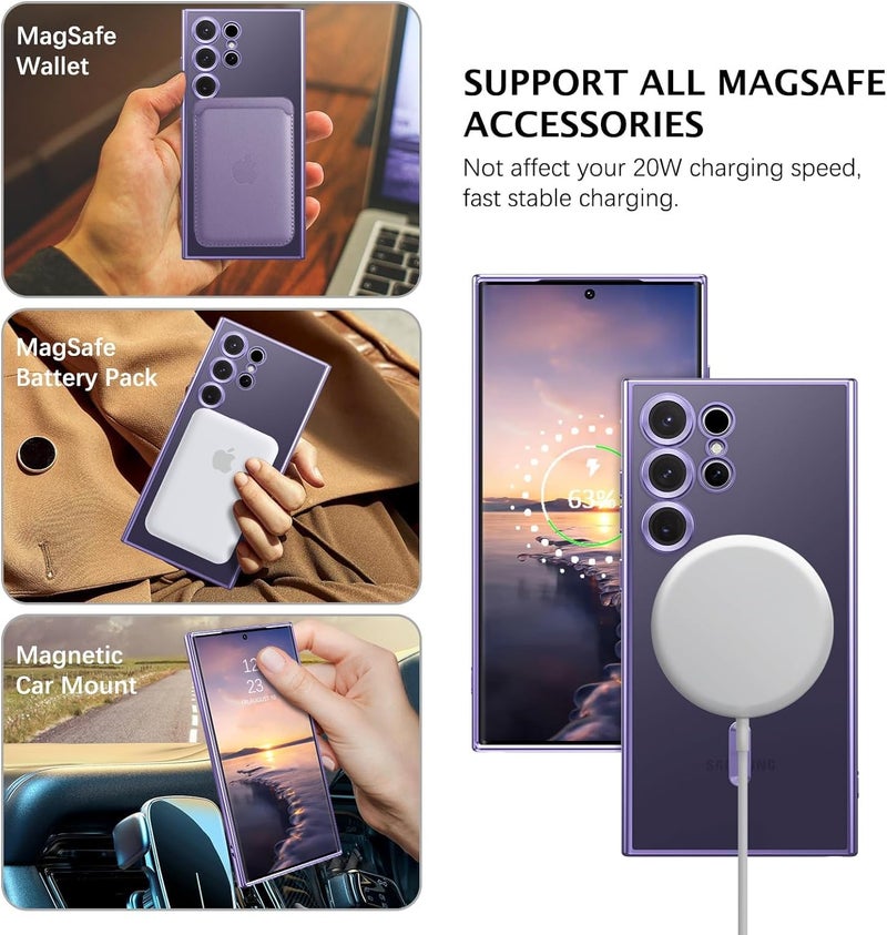 VONZEE Clear Logo Electroplating Transparent Case for Samsung S24 Ultra 5G, [Support for MagSafe Charger] Electroplate Magnetic TPU Cover- Deep Purple - Image 3