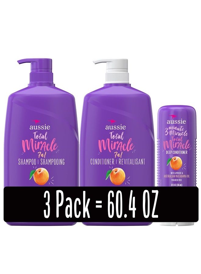 Aussie مجموعة شامبو وبلسم Total Miracle وبلسم الشعر العميق 3 Minute Miracle، غنية بزيت المشمش والمكاديميا الأسترالي، خالية من البارابين - Image 1