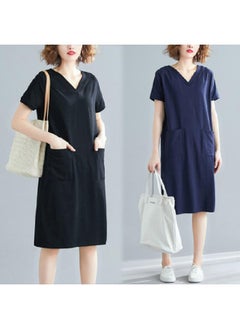 Plus Size Women's Summer Loose Korean-style Mid-length T-shirt Skirt Chubby Girl Solid Color V-neck Slimming Short Sleeve Dress Fashion