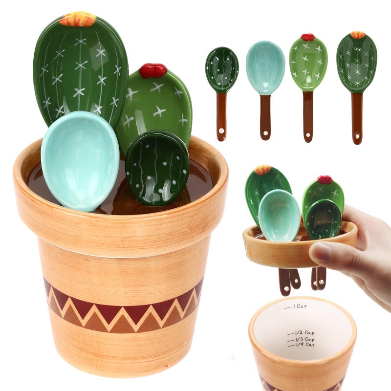 RDGDFONG 5 Pieces Measuring Spoons Set/Ceramics Spoons and Measuring Base Cup/for Dry and Liquid Ingredient, Cute Cactus Shape (Wave base) - Image 1
