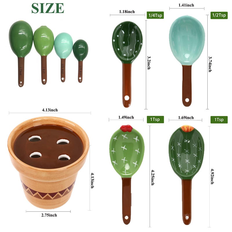 RDGDFONG 5 Pieces Measuring Spoons Set/Ceramics Spoons and Measuring Base Cup/for Dry and Liquid Ingredient, Cute Cactus Shape (Wave base) - Image 3