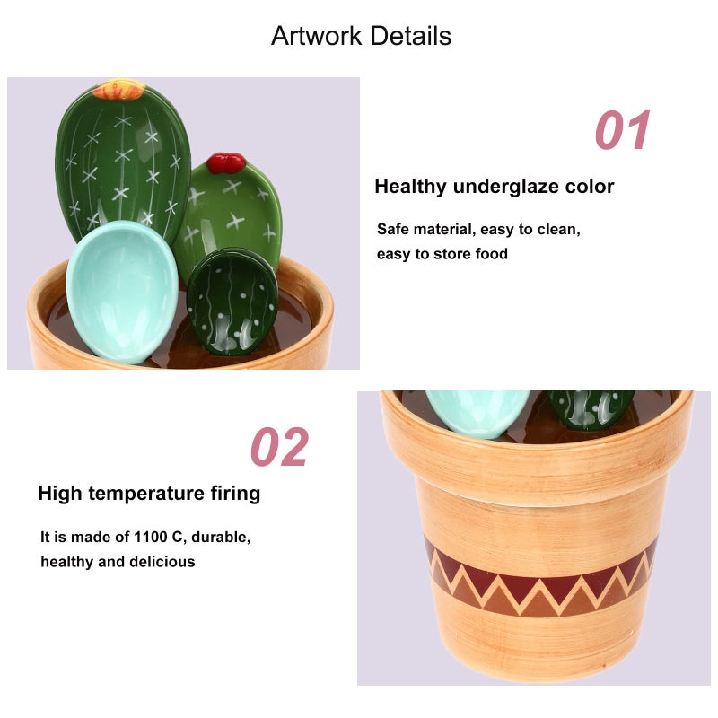 RDGDFONG 5 Pieces Measuring Spoons Set/Ceramics Spoons and Measuring Base Cup/for Dry and Liquid Ingredient, Cute Cactus Shape (Wave base) - Image 5