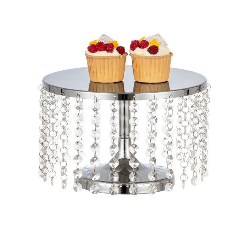 Round Metal Mirrored Cake Stand Cake Stand with Crystal Beads Wedding Silver Decorating Stand Display Plate for Dessert Table Wedding Birthday Party