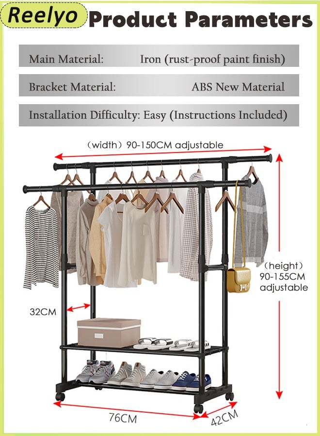 ريليو رف تجفيف الملابس 150*155*42 سم، حامل غسيل معدني متين قابل للسحب مع قضبان متعددة، رف تجفيف ملابس كبير مع 4 عجلات، رف تجفيف ملابس متحرك متعدد الوظائف من الفولاذ المقاوم للصدأ للاستخدام الداخلي والخارجي، تصميم صغير الحجم وموفر للمساحة، رف تجفيف ملابس موفر للمساحة وتخزين الملابس، رف تجفيف الغسيل قابل للطي، يمكن لرف تجفيف الملابس أيضًا حمل الحقائب والقبعات (أسود) - Image 2