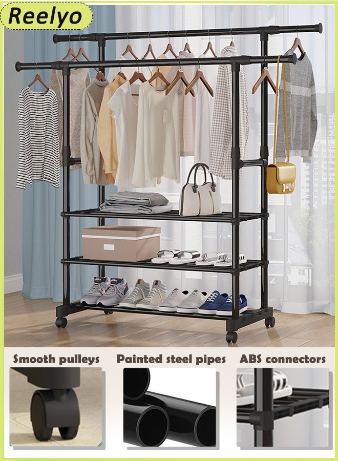 ريليو رف تجفيف الملابس 150*155*42 سم، حامل غسيل معدني متين قابل للسحب مع قضبان متعددة، رف تجفيف ملابس كبير مع 4 عجلات، رف تجفيف ملابس متحرك متعدد الوظائف من الفولاذ المقاوم للصدأ للاستخدام الداخلي والخارجي، تصميم صغير الحجم وموفر للمساحة، رف تجفيف ملابس موفر للمساحة وتخزين الملابس، رف تجفيف الغسيل قابل للطي، يمكن لرف تجفيف الملابس أيضًا حمل الحقائب والقبعات (أسود) - Image 1