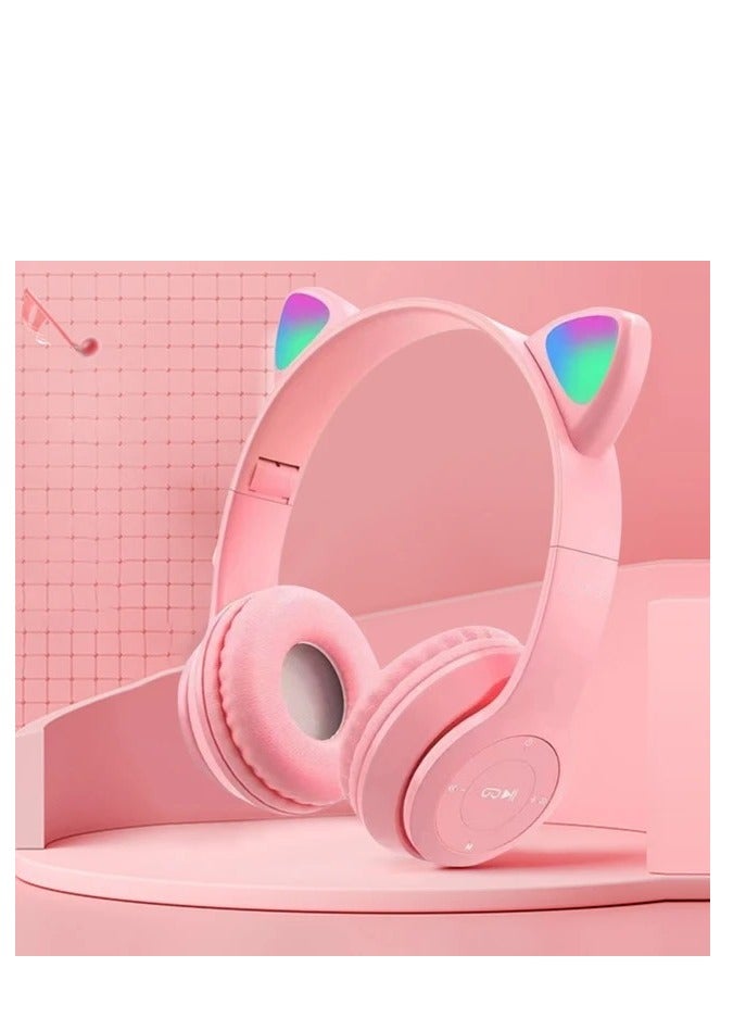 Wireless Gaming Headset P47M CAT Cat Ear LED Light Headphones, Bluetooth Stereo Headset, Kids and Adults pink