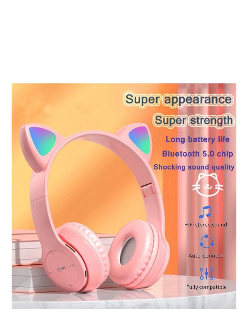 Wireless Gaming Headset P47M CAT Cat Ear LED Light Headphones, Bluetooth Stereo Headset, Kids and Adults pink