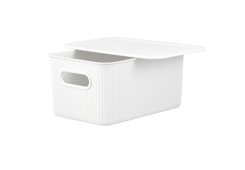 Superio Ribbed Collection  Decorative Plastic Lidded Home Storage Bins Organizer Baskets Medium White 1 Pack  5 Liter Stackable Container Box for Organizing Closet Shelves Drawer Shelf