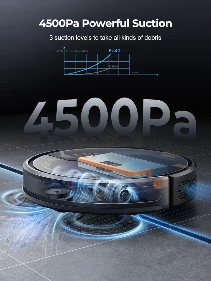 Laresar Robot Vacuum Cleaner With Mop 4500Pa Robotic Vacuum 180 minutes runtime With Auto Carpet Boost Ultra Thin Robot Hoover For Pet Hair Smart App Control Compatible with AlexaEvol 3 Black - Image 2