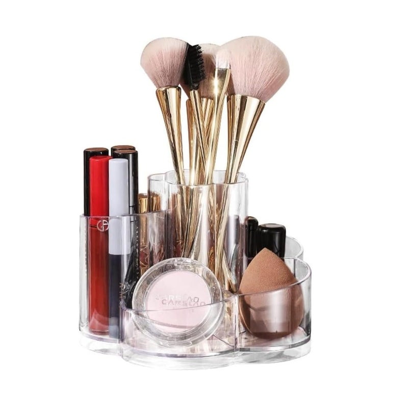 GREECHO Acrylic Cosmetic Brush Holder Rotating Makeup Organizer Spinning Cosmetic Display Cases with 6 Compartment Flower Shape Storage Tray Lip Gloss Organizer Case - Image 1