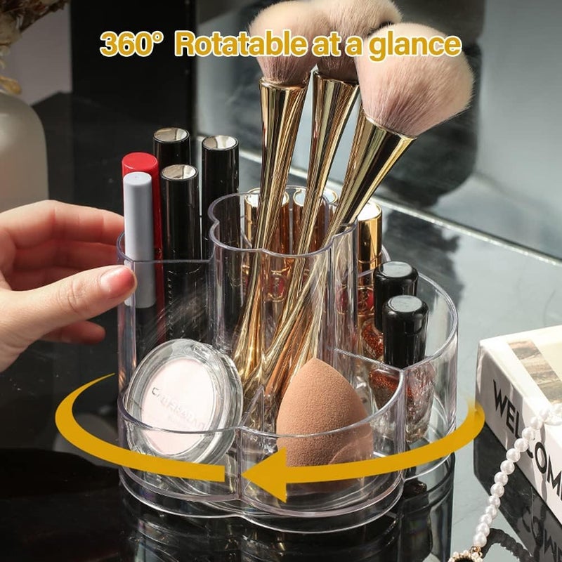 GREECHO Acrylic Cosmetic Brush Holder Rotating Makeup Organizer Spinning Cosmetic Display Cases with 6 Compartment Flower Shape Storage Tray Lip Gloss Organizer Case - Image 3