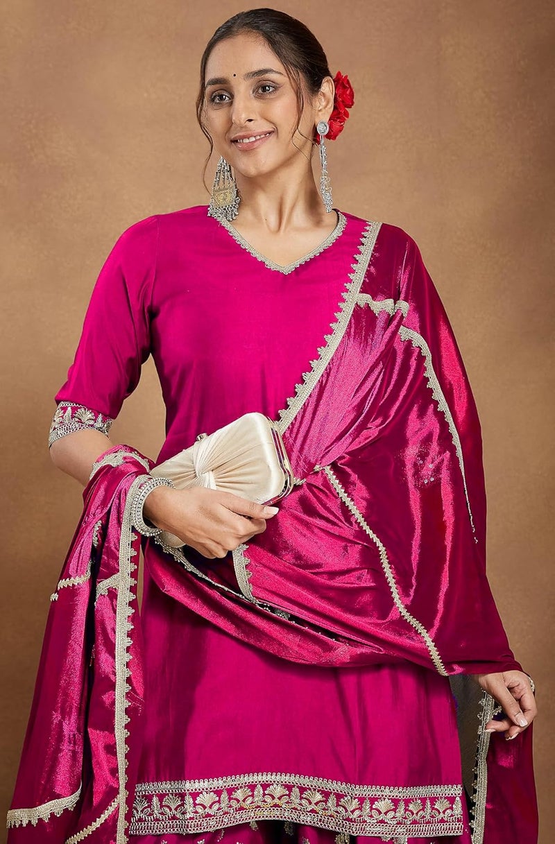 Janasya Women's Pink Silk Blend Embellished Straight Kurta with Sharara & Dupatta Set - Image 3