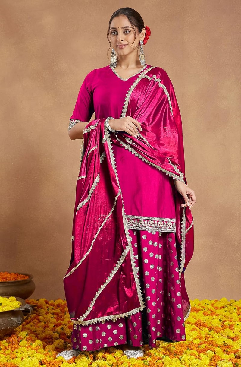 Janasya Women's Pink Silk Blend Embellished Straight Kurta with Sharara & Dupatta Set - Image 5
