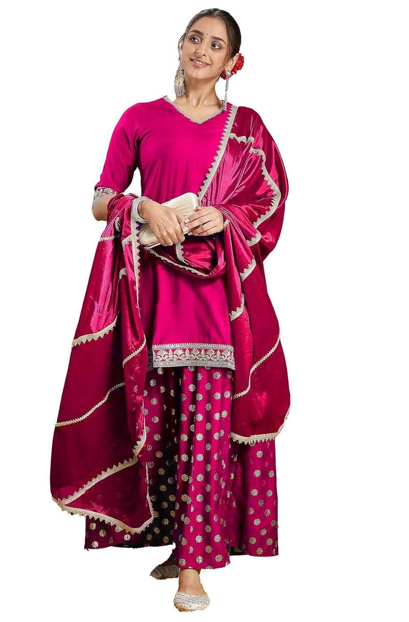 Janasya Women's Pink Silk Blend Embellished Straight Kurta with Sharara & Dupatta Set - Image 1