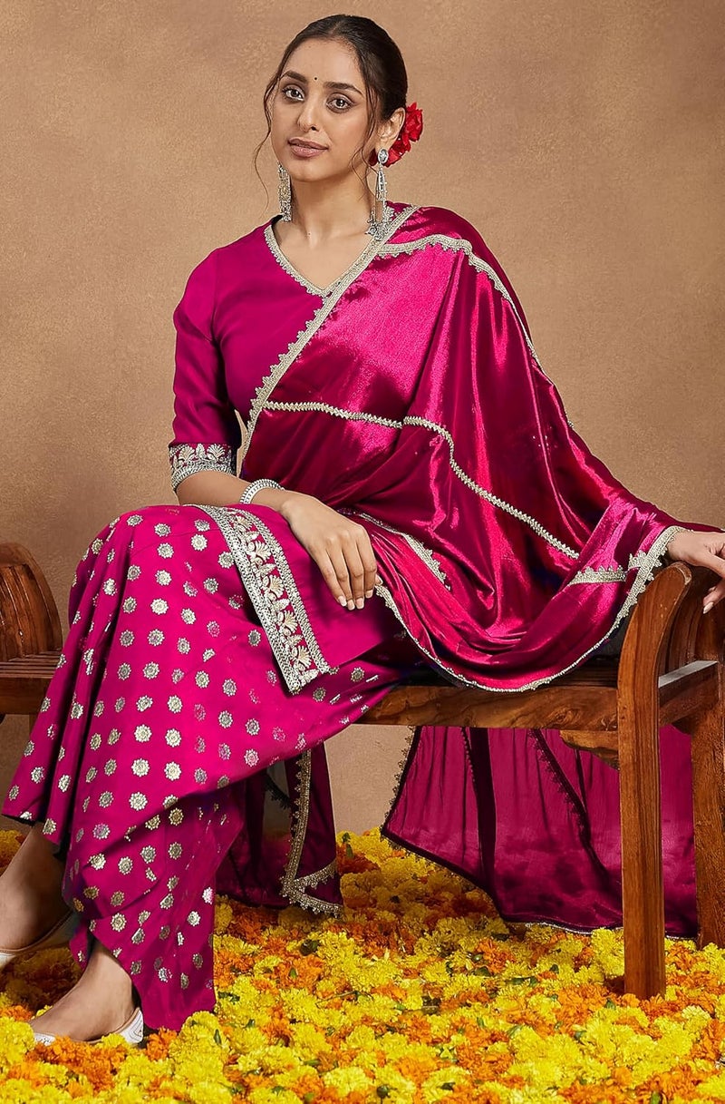 Janasya Women's Pink Silk Blend Embellished Straight Kurta with Sharara & Dupatta Set - Image 2