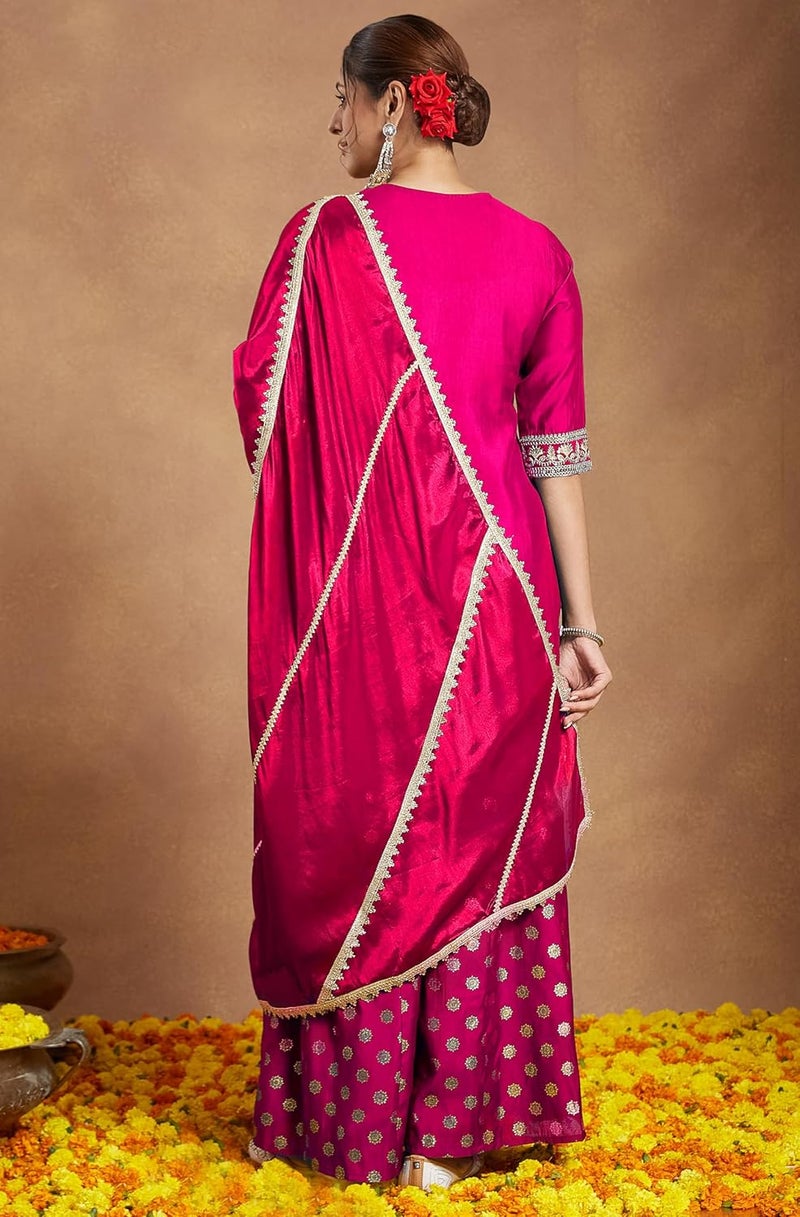 Janasya Women's Pink Silk Blend Embellished Straight Kurta with Sharara & Dupatta Set - Image 4