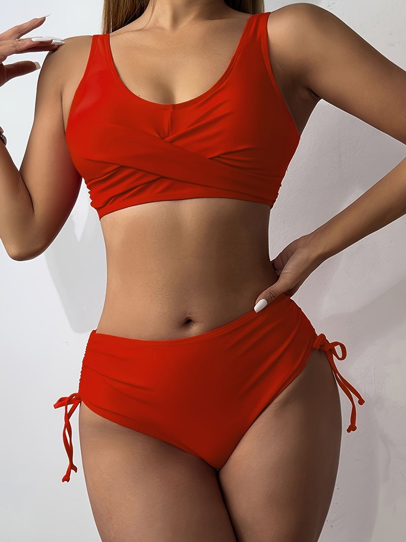Swimsuit Split Bikini Solid Color Cross Strap High Waist Swimsuit Bikini - Image 1