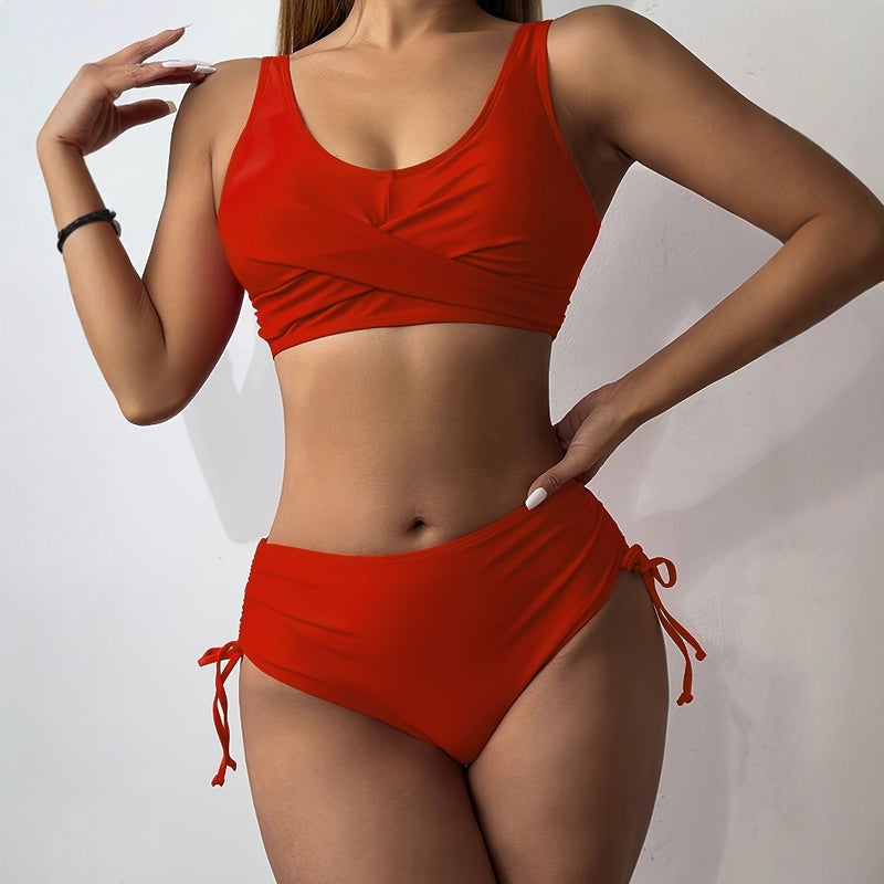 Swimsuit Split Bikini Solid Color Cross Strap High Waist Swimsuit Bikini - Image 2