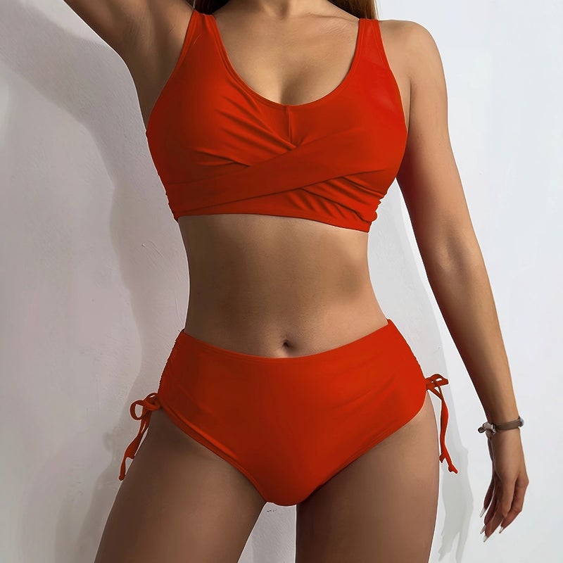 Swimsuit Split Bikini Solid Color Cross Strap High Waist Swimsuit Bikini - Image 4