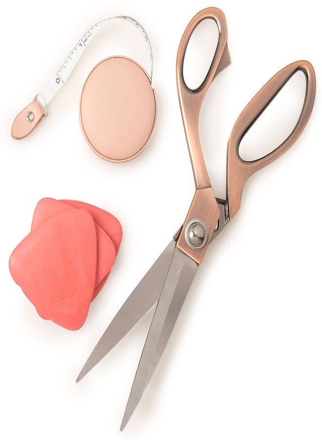 Stephanie Imports Professional Tailor & Dressmaker 9.5” Sharp Scissors for Cutting Heavy Fabrics & Leather + Measuring Tape & Tailor’s Chalk (Rose Gold) - Image 1