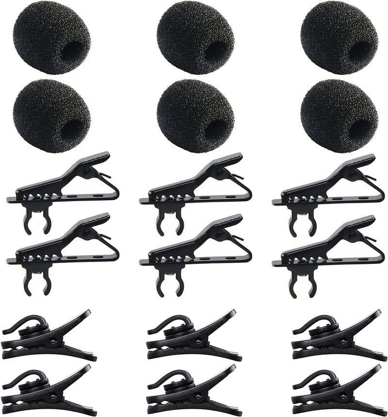 Augsun 18Pcs Lapel Microphone Clips Replacement Kit, 6Pcs Lavalier Mic Clips Metal Tie Clips Lavalier Microphone Clips, 6Pcs Windscreen Foam Cover and 6Pcs Plastic Wire Clips - Image 1