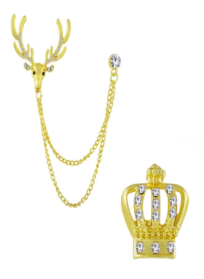 Okos Gold Plated Men'S Jewellery Combo Of 2 Indo Western Reindeer And Royal Crown Alloy Brooch Lapel Pin Studded With White Crystal Stones For Boys And Men CO1000376 - Image 1