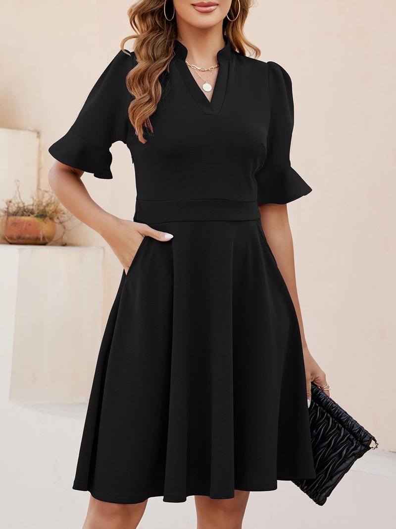Mokayee Black Dresses for Womens 2026 Funeral Summer V Neck Ruffle Sleeve Semi-Fomal Knee Length Fit and Flare Flattering Petite Church Interview Business Casual Wear to Work Dress with Pockets S - Image 3