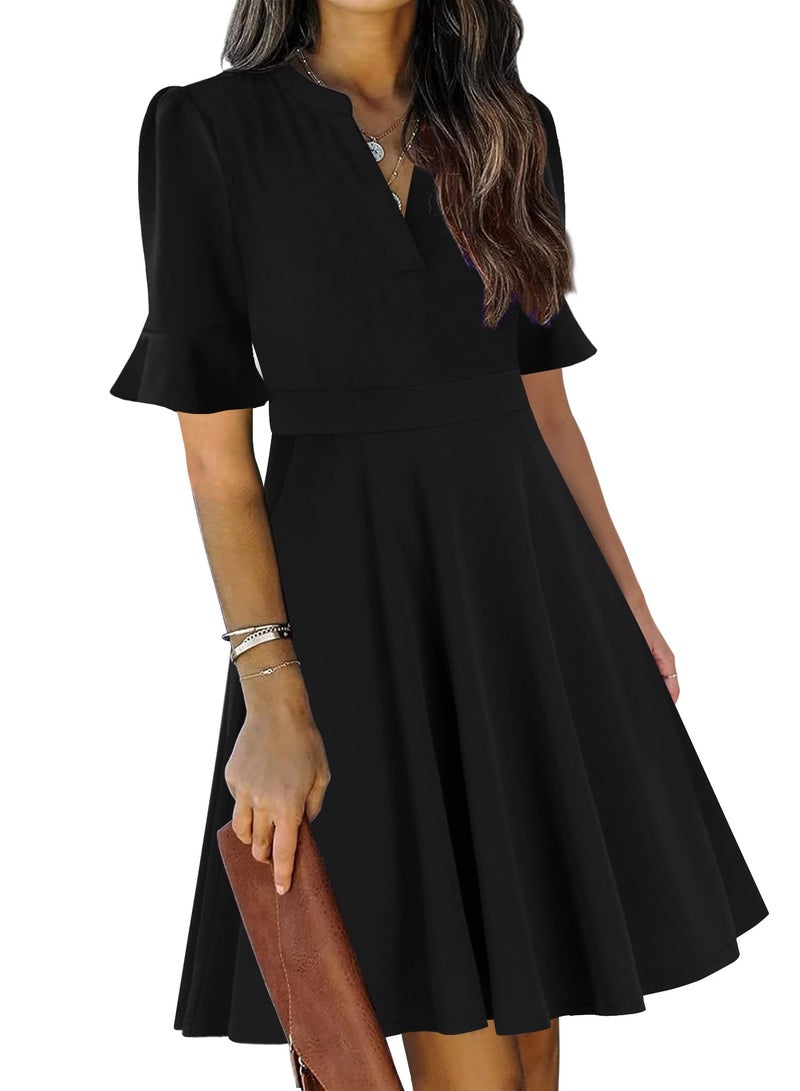 Mokayee Black Dresses for Womens 2026 Funeral Summer V Neck Ruffle Sleeve Semi-Fomal Knee Length Fit and Flare Flattering Petite Church Interview Business Casual Wear to Work Dress with Pockets S - Image 1