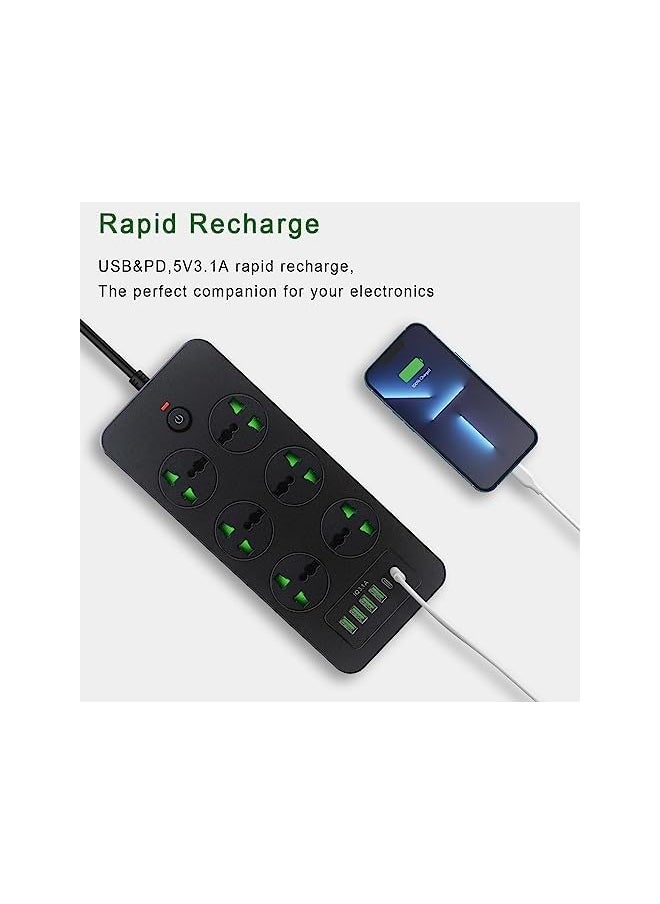 PROMASS Extension Lead 6 Outlets with 4 USB Slots | 2m Power Strips Cords Cable, 6 Way Universal Switched Socket Smart Charging Station Hub Wall Mount, Surge Protection UK Plug Cable Cord for Home Office  - Image 2