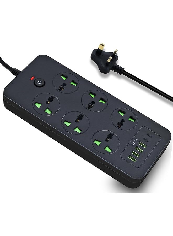 PROMASS Extension Lead 6 Outlets with 4 USB Slots | 2m Power Strips Cords Cable, 6 Way Universal Switched Socket Smart Charging Station Hub Wall Mount, Surge Protection UK Plug Cable Cord for Home Office  - Image 1
