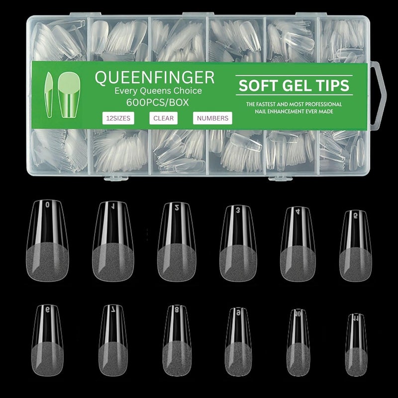 QUEENFINGER Gel X Nail Tips, Soft Gel Full Cover Clear Acrylic Nail Extensions for Manicure Nail Art Salon or Home DIY Use Medium Length (600PCS, QF H119-1) - Image 1