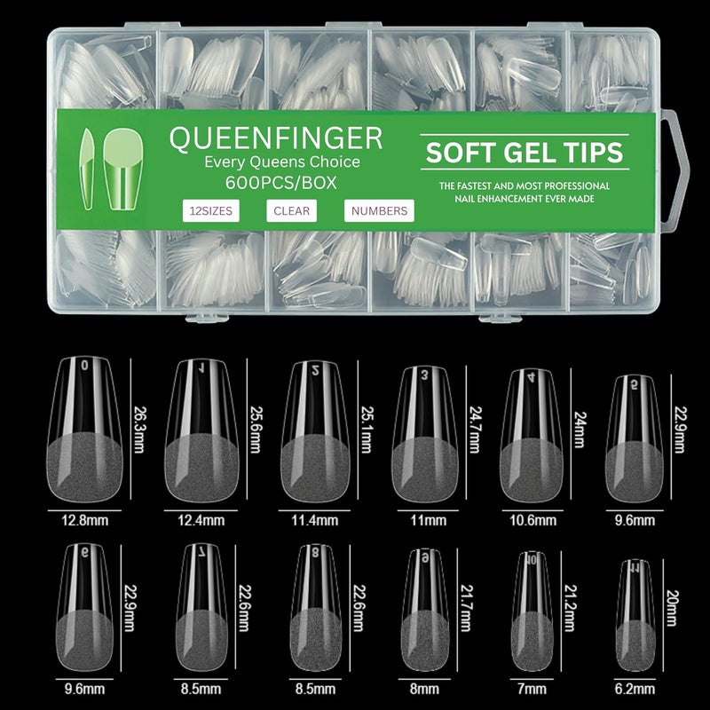 QUEENFINGER Gel X Nail Tips, Soft Gel Full Cover Clear Acrylic Nail Extensions for Manicure Nail Art Salon or Home DIY Use Medium Length (600PCS, QF H119-1) - Image 2