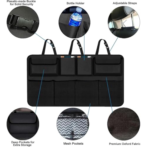 TAZLYN Car interior Car accessories 2025 Back Seat storage Trunk organiser with Adjustable Straps With 8 Large Storage Pockets Nylon Backseat Trunk Organizer Bag For SUV & Car Hanging (PACK OF1)Black - Image 3