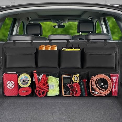 TAZLYN Car interior Car accessories 2025 Back Seat storage Trunk organiser with Adjustable Straps With 8 Large Storage Pockets Nylon Backseat Trunk Organizer Bag For SUV & Car Hanging (PACK OF1)Black - Image 1