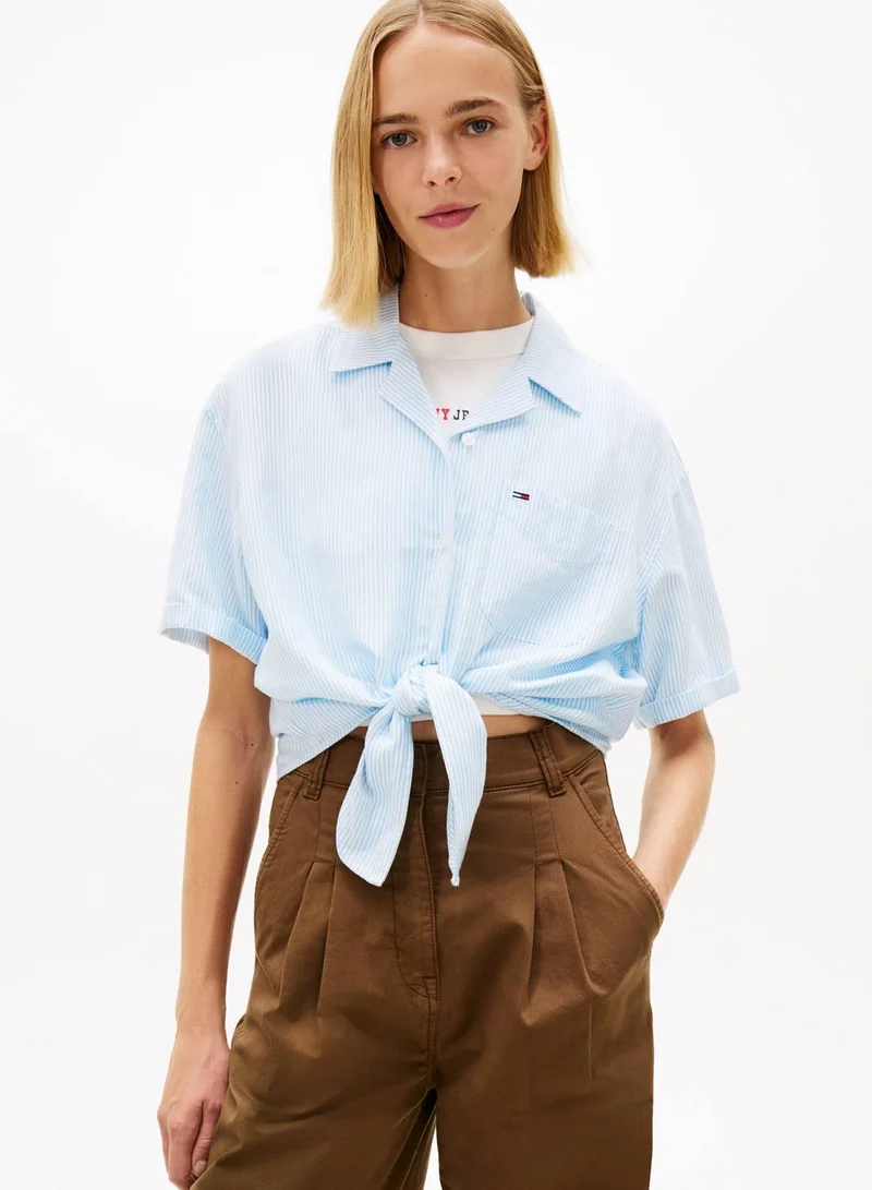 Relaxed Fit Linen Blend Tie Front Shirt